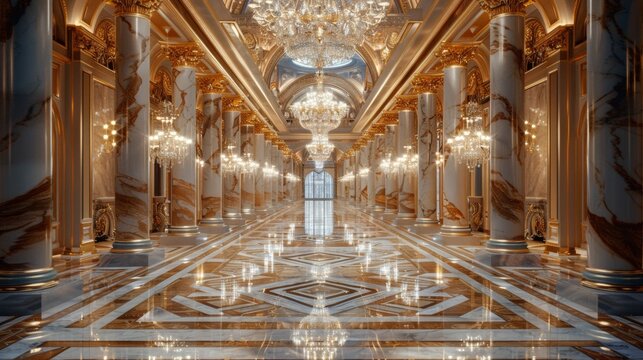 the opulence of a grand, marble hallway with golden accents and sparkling chandeliers