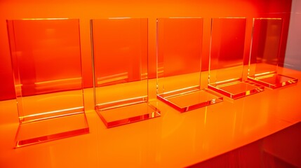   A row of mirrors atop a yellow countertop, aligned next to one another