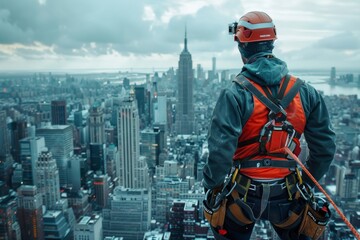 A construction worker gazes over the city from a skyscraper, secured by a harness