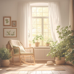 Inviting Living Space Featuring a Large Window and Scenic View of Summer Greenery