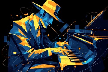 A man in hat playing piano, colorful geometric shapes, cubism