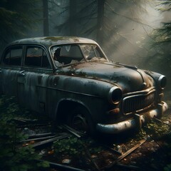 Old abandoned car in the forest