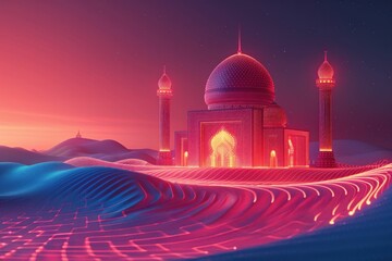 3D ing of a majestic mosque illuminated by a red light trail in the desert night