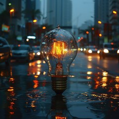 Light bulb in the middle of the road, symbolizing the illumination of a creative journey and the search for new ideas.