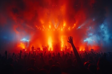 A large crowd of people with their hands raised in the air at a concert. The stage is lit up with bright lights.