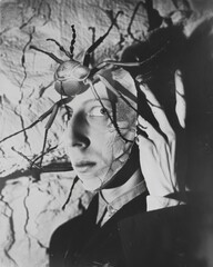Vintage Black and White Photograph of a Man Wearing a Spider Mask on His Head, Bizarre and Surreal Portrait Concept
