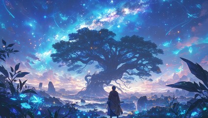 A person standing under an ancient tree, surrounded by vibrant galaxies and stars in the night sky