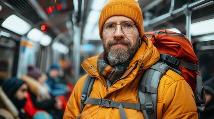 A man wearing a yellow jacket and orange beanie stands in a subway car.
