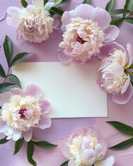 Beautiful pink peonies on a soft pink background with a blank card for text space
