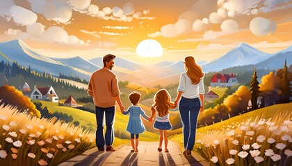 Illustration with happy family with an idyllic landscape of hills in the background - obrazy, fototapety, plakaty