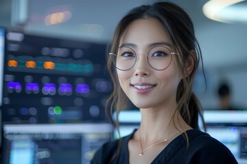 A photo of a young Asian woman wearing glasses and a black shirt standing in a brightly lit office and smiling at the camera. - Powered by Adobe