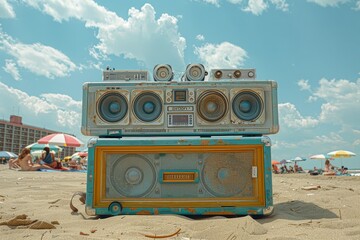 A retro boombox stereo playing music on the beach - obrazy, fototapety, plakaty