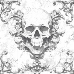 Striking Skeleton Head Emblazoned on Marble Wall with Floral Details and Folk Art Influence
