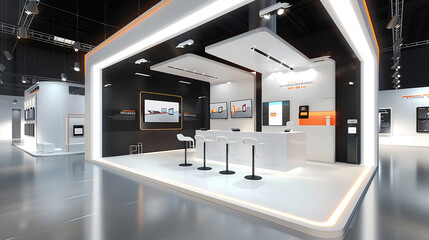 A sleek, minimalist booth with vibrant digital displays showcasing innovative products.
