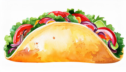 Watercolor painting of tacos. Tasty fast food. Delicious snack. Hand drawn art isolated on white