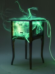 Craft a digitally rendered nightstand teeming with ghostly energy, glowing spectral lights shimmering against a blackened backdrop  - obrazy, fototapety, plakaty