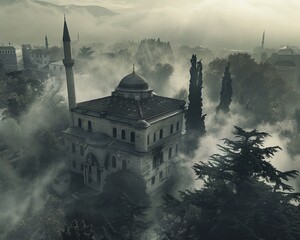 Craft a hairraising ambiance by turning an aerial view of an Ottoman site into a ghostly apparition Incorporate subtle - obrazy, fototapety, plakaty
