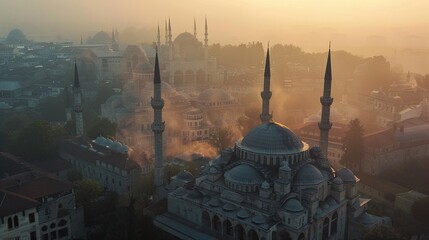 Transform an aerial view of an Ottoman palace into a haunting, ghostly presence Utilize eerie, translucent effects to evoke a chilling atmosphere, Incorporate subtle - obrazy, fototapety, plakaty