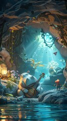Design a CG 3D rendering featuring a whimsical hippopotamus playing musical instruments in an enchanting underwater cave Showcase the blend of excitement  - obrazy, fototapety, plakaty