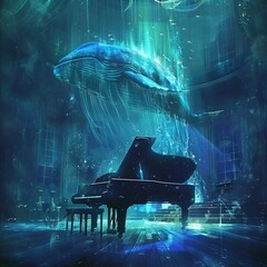 Bring the majestic blue whale to life, viewed from behind, elegantly playing a grand piano in a surreal, mystical setting, evoking a cascade of emotions through intricate digital artwork - obrazy, fototapety, plakaty
