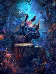 Capture a dynamic scene of a White Rhinoceros playing drums in a mysterious, whimsical setting Show the unique perspective of a wormseye view Enhance  - obrazy, fototapety, plakaty