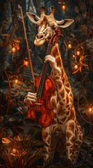 Capture the enchanting elegance of a giraffe playing a violin amidst a mystical forest Show intricate details  - obrazy, fototapety, plakaty