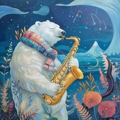 Capture the majestic Polar Bear headon, holding a sleek saxophone, surrounded by enigmatic landscapes Illustrate the bear joyfully playing, its expressions unveiling a spectrum of thrilling emotions - obrazy, fototapety, plakaty