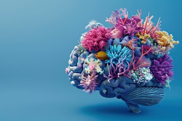Human brain surrounded by coral reef and marine life in 3D illustration on blue background