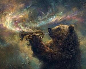 Capture the immense power and grace of a Kodiak bear in a surreal, ethereal landscape, joyously playing a trumpet as vibrant notes swirl around, creating a magical atmosphere - obrazy, fototapety, plakaty