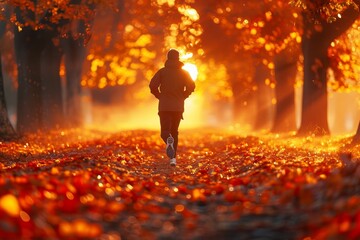 A runner is running through a park in the fall. The sun is shining through the trees, creating a beautiful scene. - obrazy, fototapety, plakaty