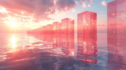   A vast water body with tall structures rising from its heart under a sunset backdrop