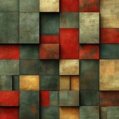 A seamless, repeating pattern of 3D beveled cubes in shades of red, green, and tan. - obrazy, fototapety, plakaty