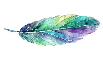 A detailed watercolor illustration of a hummingbird feather, emphasizing the shimmering green and purple hues, isolated on a white background - obrazy, fototapety, plakaty