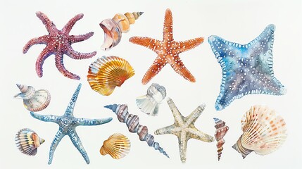 A detailed watercolor depiction of starfish and seashells, textured and colored in natural hues, scattered artistically, isolated on a white background - obrazy, fototapety, plakaty