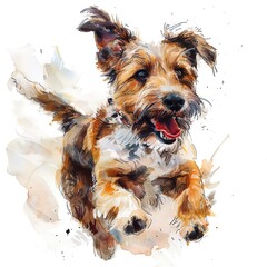 A detailed watercolor portrayal of a playful dog, capturing its joyful expression and dynamic motion, isolated on a white background - obrazy, fototapety, plakaty
