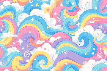 A seamless pattern with digital illustration of swirling rainbow waves, their colors pastel and dreamy