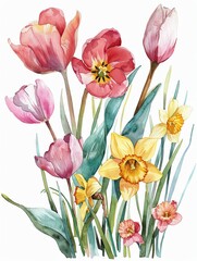 A gentle watercolor painting showcasing blooming spring flowers like tulips and daffodils in vibrant, cheerful hues against a white background. - obrazy, fototapety, plakaty