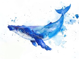 A minimalist watercolor artwork portraying a solitary blue whale, capturing its majestic size and serene presence, presented against a white background. - obrazy, fototapety, plakaty