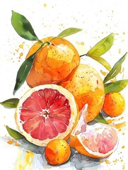 A minimalist watercolor depiction of grapefruit and kumquats, focusing on the vibrant colors and textures, isolated on a white background - obrazy, fototapety, plakaty