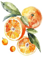 A minimalist watercolor depiction of grapefruit and kumquats, focusing on the vibrant colors and textures, isolated on a white background - obrazy, fototapety, plakaty
