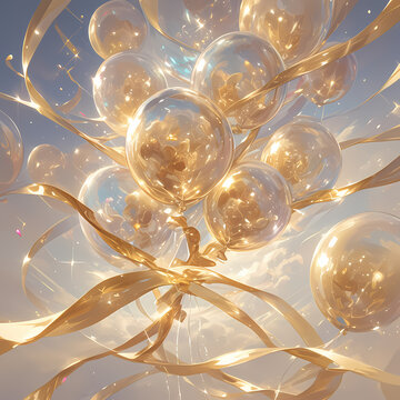 Premium Stock Image: Golden Bubbles Float Above in a Magical Display for Elegant Events and Festive Occasions.