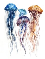 A watercolor depiction of a variety of jellyfish, floating ethereally, their translucent bodies and trailing tentacles detailed in soft hues, isolated on a white background