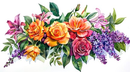 A watercolor painting of a bouquet of roses, lilies, and lilacs.