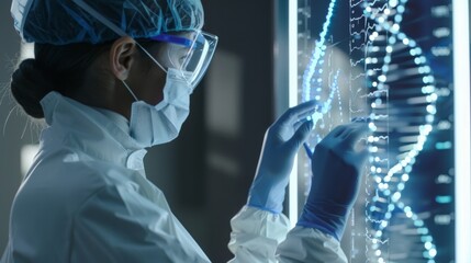 A medical professional in sterile gear interacts with a holographic DNA structure, indicating advanced genomic analysis in a high-tech lab setting.