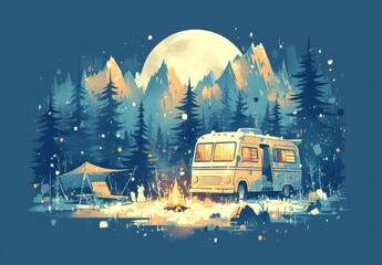 Vintage camper with the windows open, surrounded by trees and mountains under moonlight. There is a campfire in front