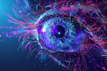 CloseUp of Human Eye with Glowing Blue and Purple Light Emitting from It, Mystical and Mesmerizing Vision Concept
