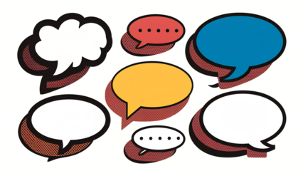 Collection of empty comic speech bubbles with halftone shadows. Hand drawn retro cartoon stickers.