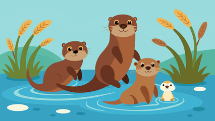 A playful family of otters splash and swim in a tranquil pond their carefree antics bringing joy to the familys faces.