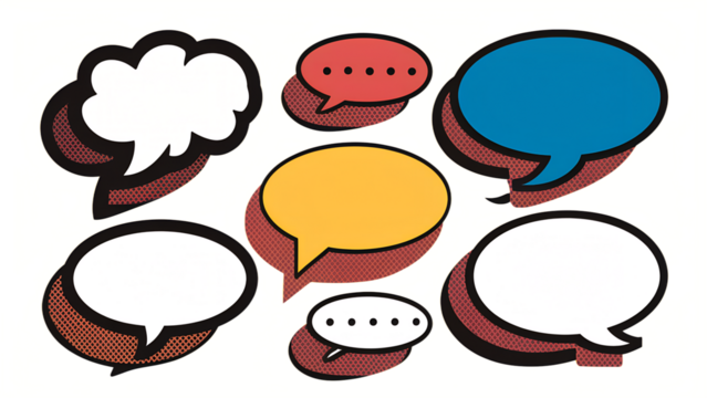 Collection of empty comic speech bubbles with halftone shadows. Hand drawn retro cartoon stickers.