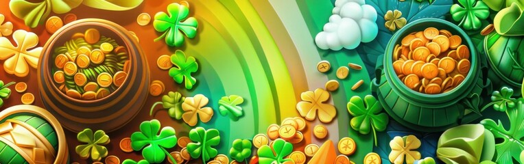 Green St Patrick's Day wallpaper with shimmering gold coins, lucky shamrocks, and a vibrant rainbow
